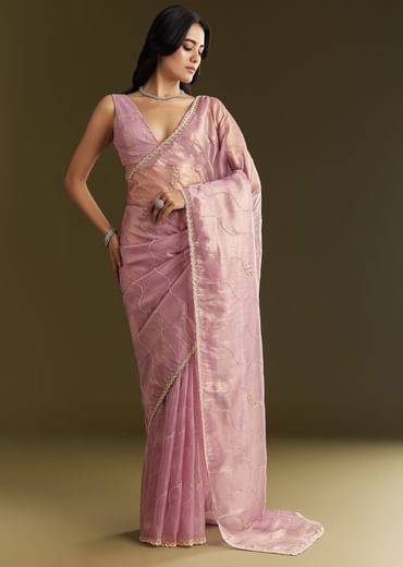 Lavender Tissue Saree With Moti And Cutdana Embroidery And Scallop Border