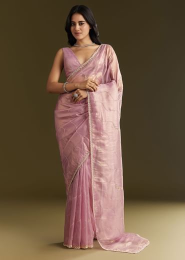 Lavender Tissue Saree With Moti And Cutdana Embroidery And Scallop Border