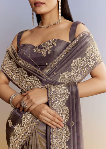 Lavender Tissue Saree With Zardosi And Gota Work
