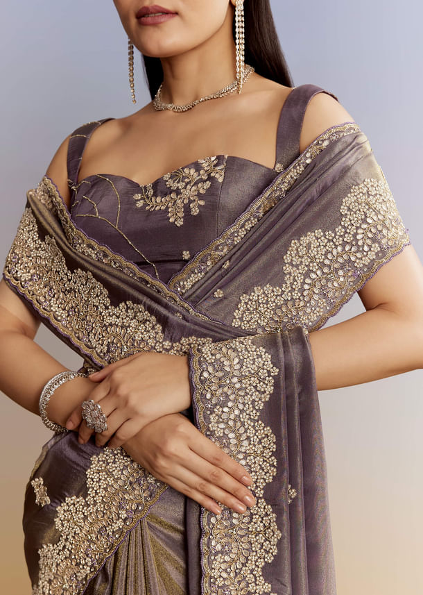 Lavender Tissue Saree With Zardosi And Gota Work