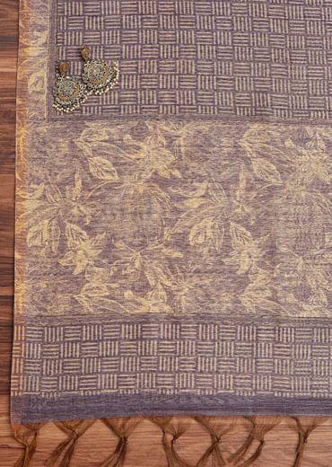 Lavender Tussar Unstitched Suit Set With Floral Print And Zari Work