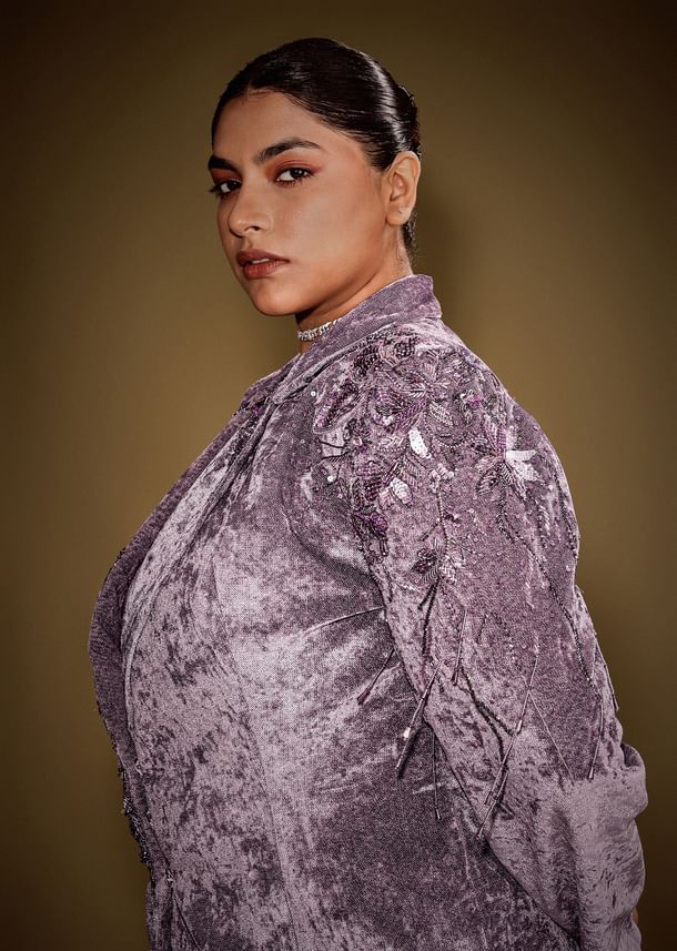 Lavender Velvet Indo Western Set With Embellished Blazer