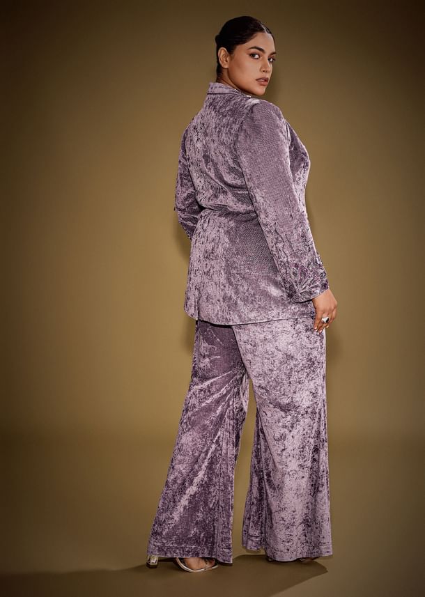 Lavender Velvet Indo Western Set With Embellished Blazer