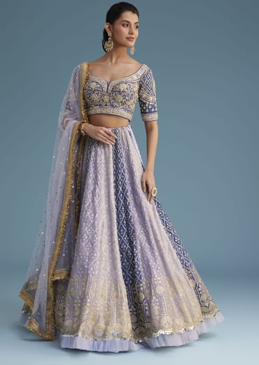 Lavender and Blue Silk Kali Embroidered Lehenga Set