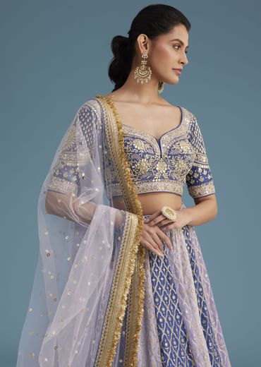 Lavender and Blue Silk Kali Embroidered Lehenga Set