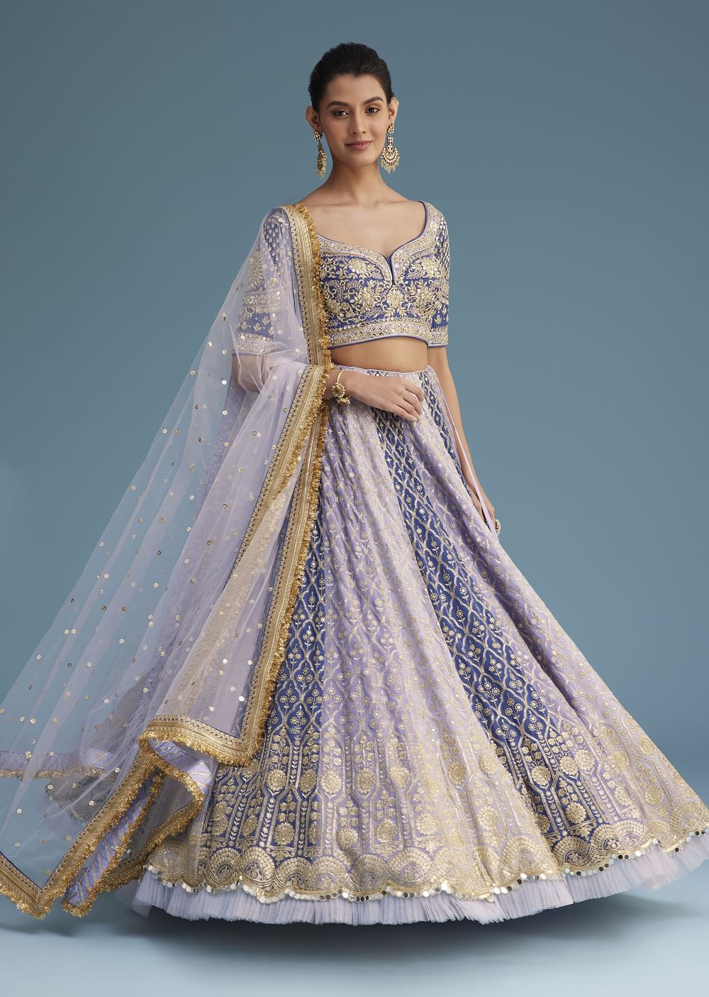 Lavender and Blue Silk Kali Embroidered Lehenga Set