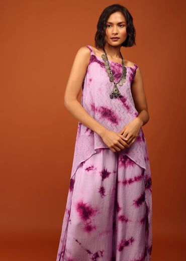Lavender And Plum Purple Tie Dye Print Top & Bottom Set Embellished In Georgette