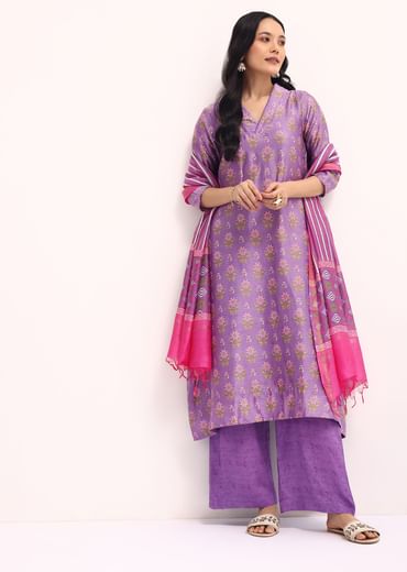 Lavender Block Printed Chanderi Kurta Palazzo Set