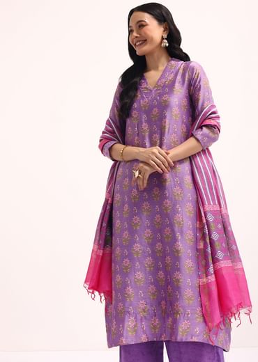 Lavender Block Printed Chanderi Kurta Palazzo Set