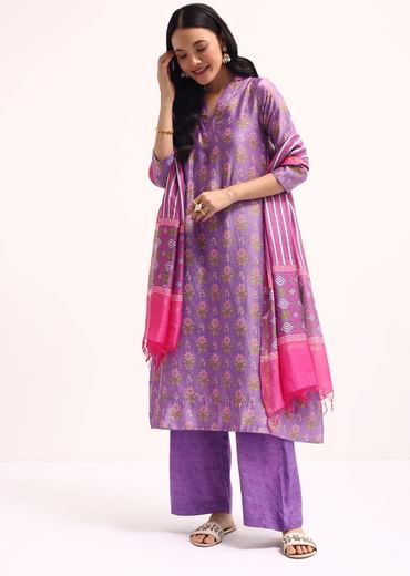 Lavender Block Printed Chanderi Kurta Palazzo Set