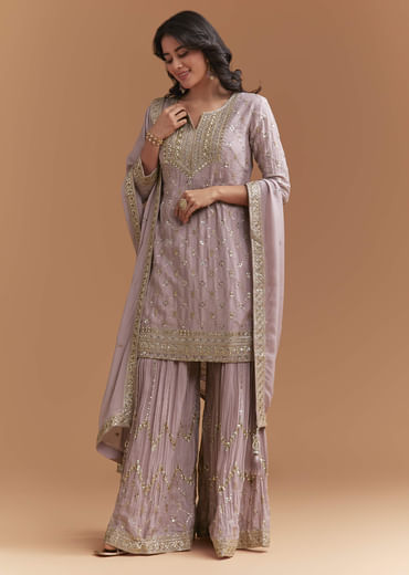 Lavender Chinon Palazzo Suit With Intricate Sequins Work