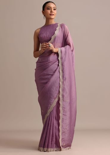 Lavender Crushed Tissue Saree With Moti And Cutdana Embroidered Border