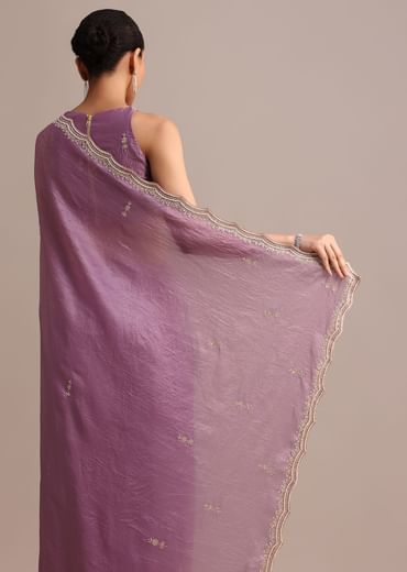 Lavender Crushed Tissue Saree With Moti And Cutdana Embroidered Border