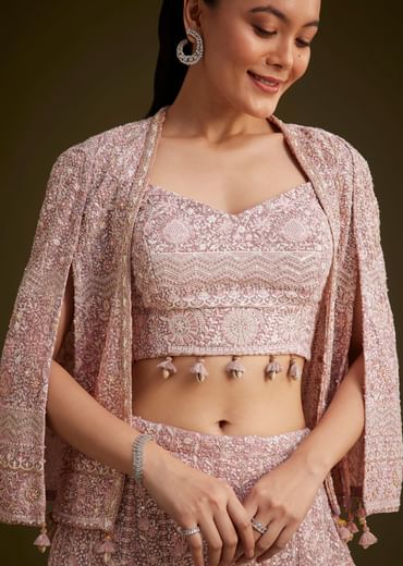 Lavender Georgette Palazzo Set And Lucknowi Cape