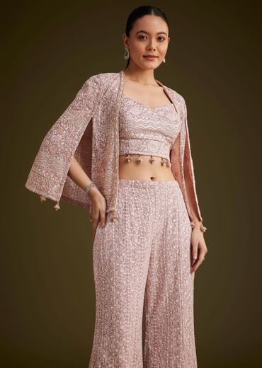 Lavender Georgette Palazzo Set And Lucknowi Cape