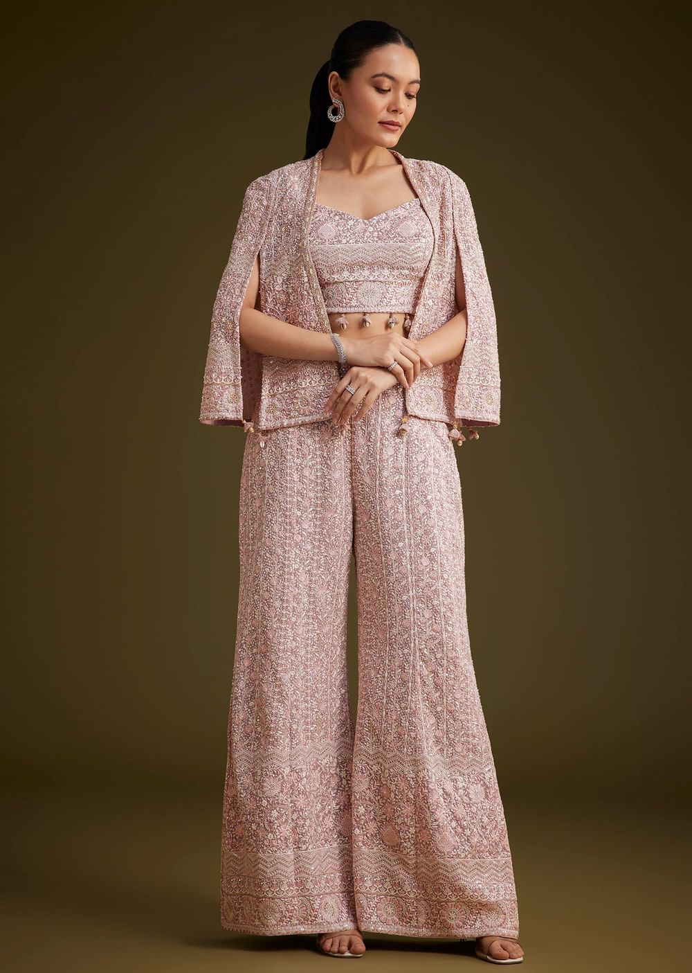 Lavender Georgette Palazzo Set And Lucknowi Cape