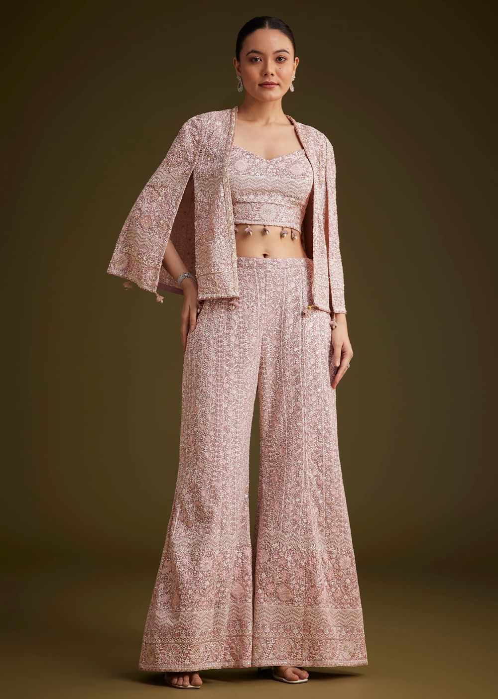 Lavender Georgette Palazzo Set And Lucknowi Cape