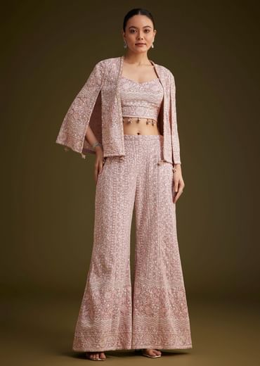 Lavender Georgette Palazzo Set And Lucknowi Cape