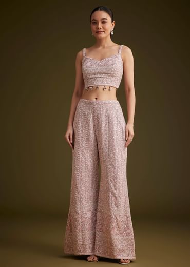 Lavender Georgette Palazzo Set And Lucknowi Cape