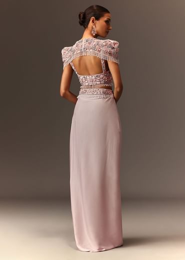 Lavender Hand Embroidered Blouse And Croped Cape With Drape Skirt
