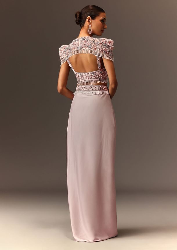 Lavender Hand Embroidered Blouse And Croped Cape With Drape Skirt