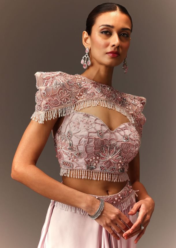 Lavender Hand Embroidered Blouse And Croped Cape With Drape Skirt