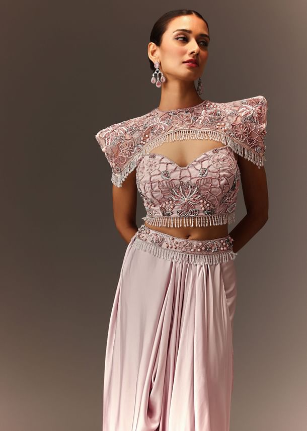 Lavender Hand Embroidered Blouse And Croped Cape With Drape Skirt