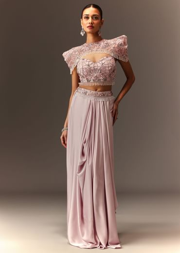 Lavender Hand Embroidered Blouse And Croped Cape With Drape Skirt