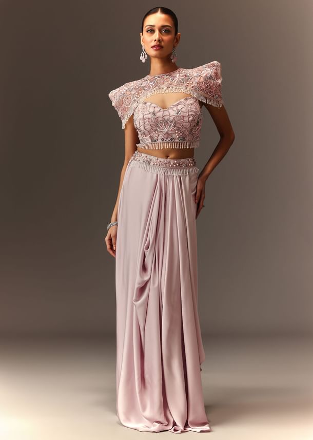 Lavender Hand Embroidered Blouse And Croped Cape With Drape Skirt