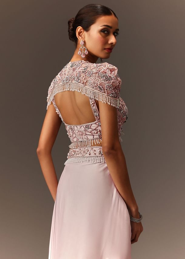 Lavender Hand Embroidered Blouse And Croped Cape With Drape Skirt