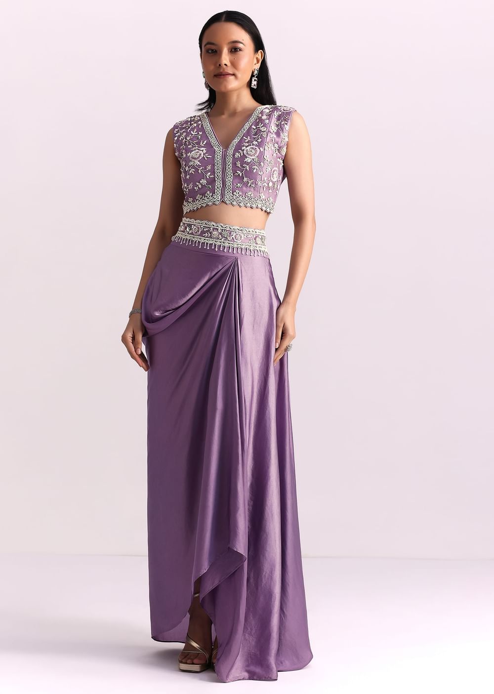 Lavender Moti Work Crop Top Suit Embroidered Jacket