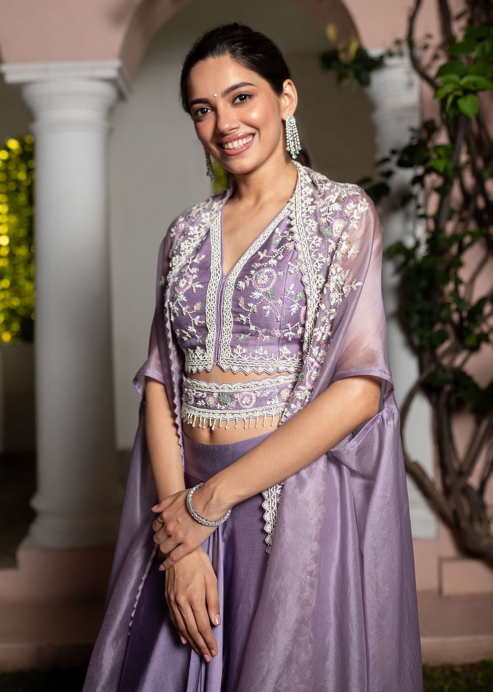 Lavender Moti Work Crop Top Suit Embroidered Jacket