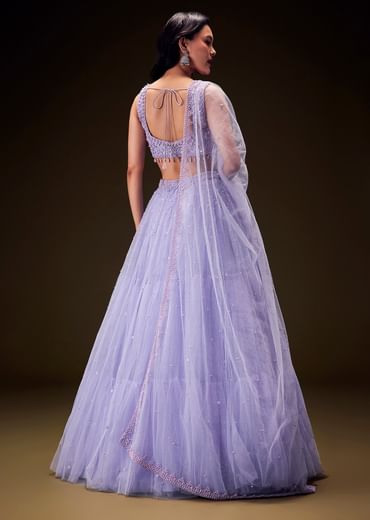 Lavender Net Hand Embroidered Pearl Work Lehenga Set