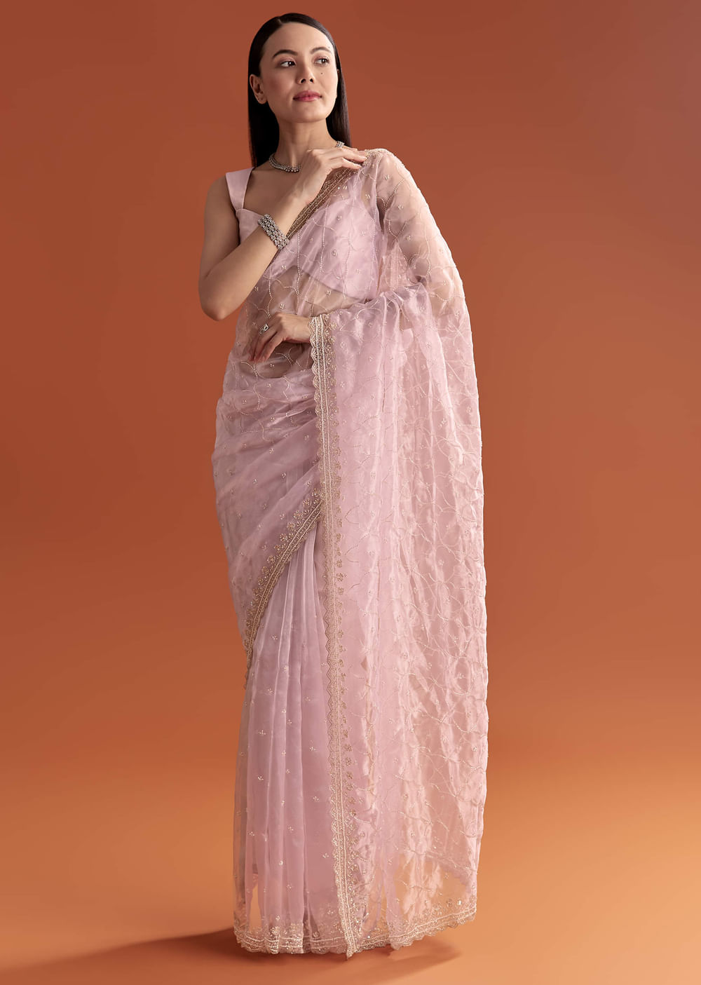Lavender Organza Embroidered Saree With Jaal And Butti Work