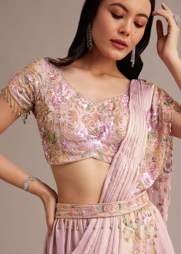 Lavender Organza Tissue Lehenga Set With Sequins And Bead Work