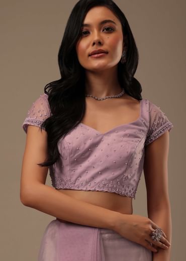 Lavender Pink Stone And Beads Embellished Net Saree