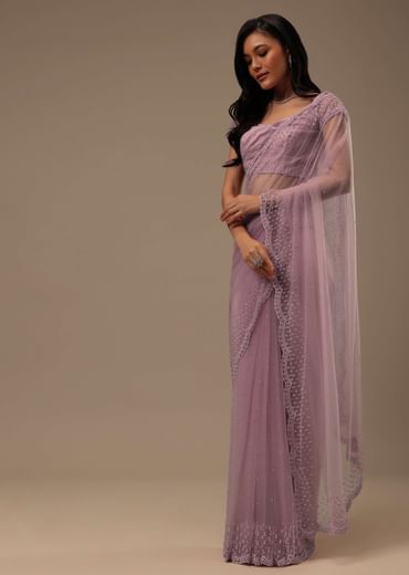 Lavender Pink Stone And Beads Embellished Net Saree
