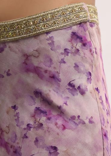 Lavender Printed Chiffon Crop Top And Palazzo