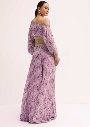 Lavender Printed Chiffon Crop Top And Palazzo
