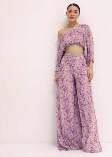 Lavender Printed Chiffon Crop Top And Palazzo