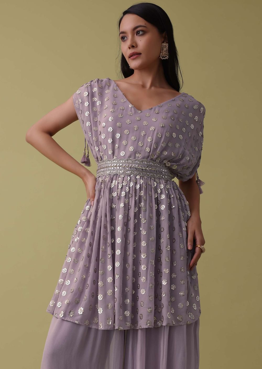 Lavender Purple Palazzo Top Set In Georgette With Sequins Work
