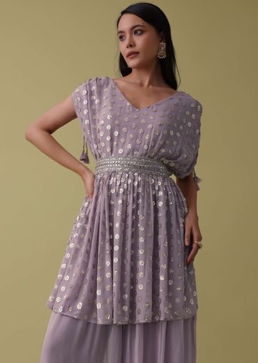 Lavender Purple Palazzo Top Set In Georgette With Sequins Work