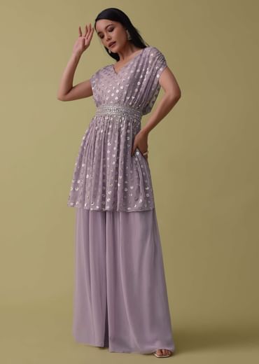 Lavender Purple Palazzo Top Set In Georgette With Sequins Work