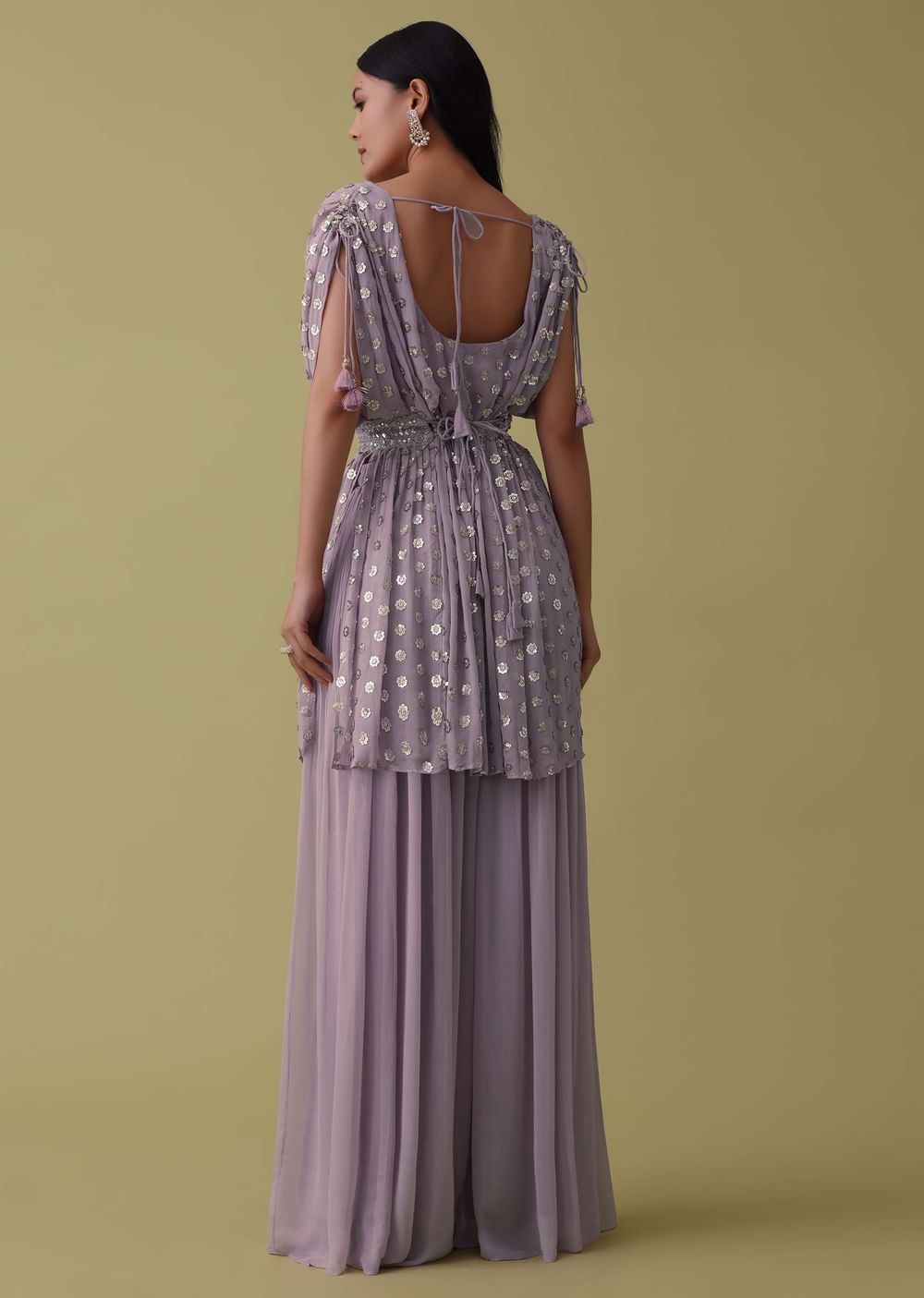 Lavender Purple Palazzo Top Set In Georgette With Sequins Work