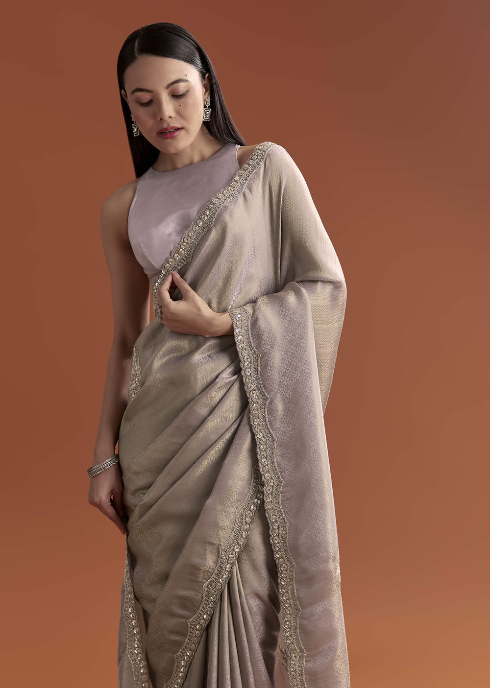 Lavender Satin Saree With Sequin And Bead Embroidery
