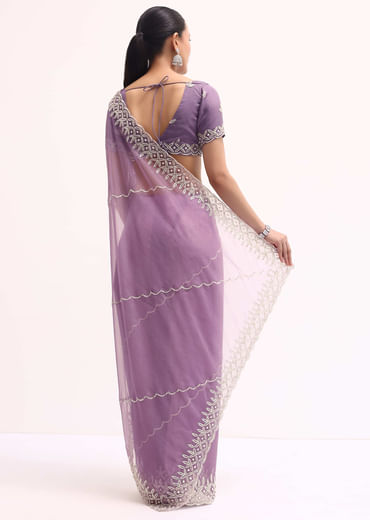 Lavender Scallop Border Saree With Unstitched Blouse
