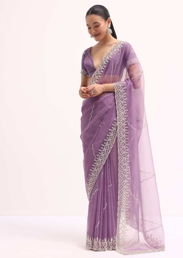 Lavender Scallop Border Saree With Unstitched Blouse