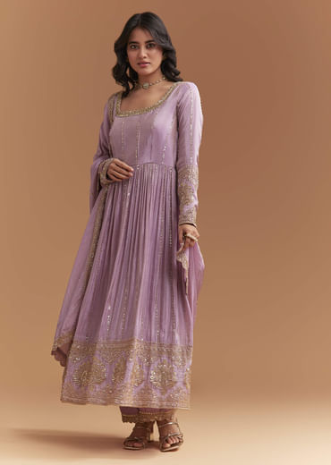 Lavender Tissue Anarkali Suit With Sequins And Beads Work