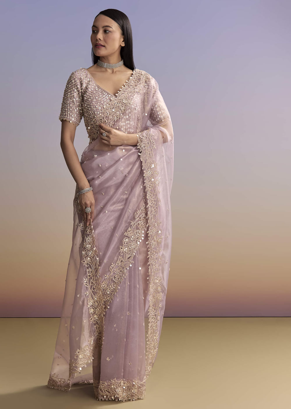 Lavender Tissue Embroidered Saree With Resham And Sequin Work