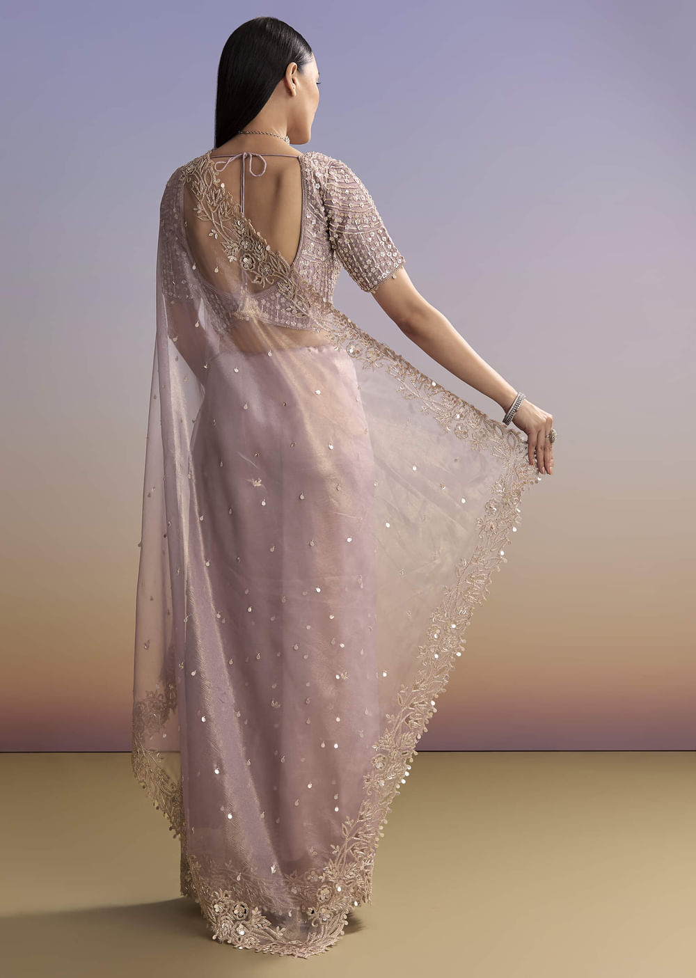 Lavender Tissue Embroidered Saree With Resham And Sequin Work